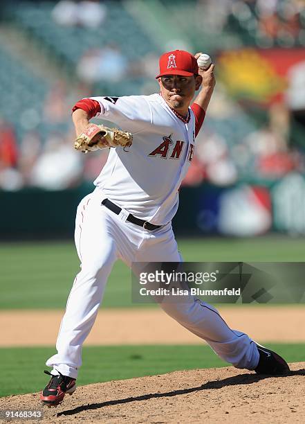Brian Fuentes of the Los Angeles Angels of Anaheim pitches against the Oakland Athletics at Angel Stadium of Anaheim on September 27, 2009 in...