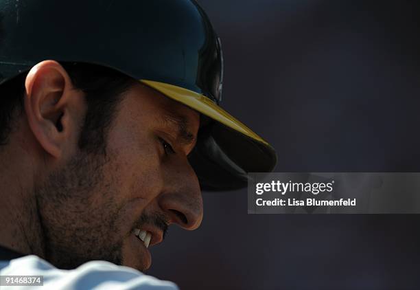 Nomar Garciaparra of the Oakland Athletics waits on deck during the game against the Los Angeles Angels of Anaheim at Angel Stadium of Anaheim on...