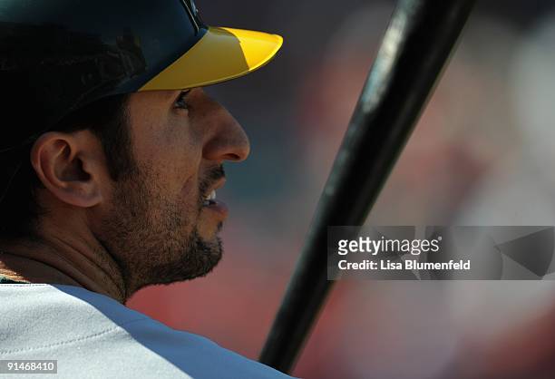 Nomar Garciaparra of the Oakland Athletics waits on deck during the game against the Los Angeles Angels of Anaheim at Angel Stadium of Anaheim on...