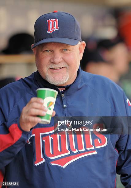 Ron Gardenhire of the Minnesota Twins looks on and smiles against the Detroit Tigers during the game at Comerica Park on October 1, 2009 in Detroit,...