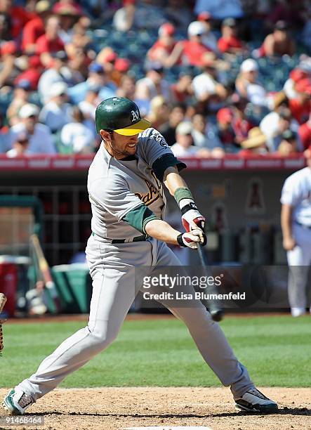 Nomar Garciaparra of the Oakland Athletics at bat against the Los Angeles Angels of Anaheim at Angel Stadium of Anaheim on September 27, 2009 in...