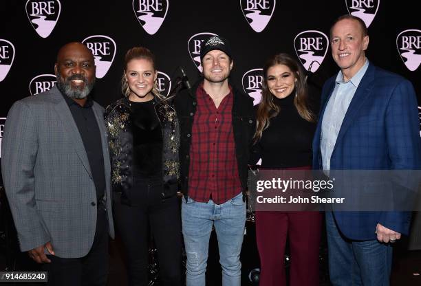 Former NFL player Thurman Thomas, Kelsea Ballerini, Jacob Davis, Abby Anderson, and former NFL player Jim Kelly attend the 2018 Black River...