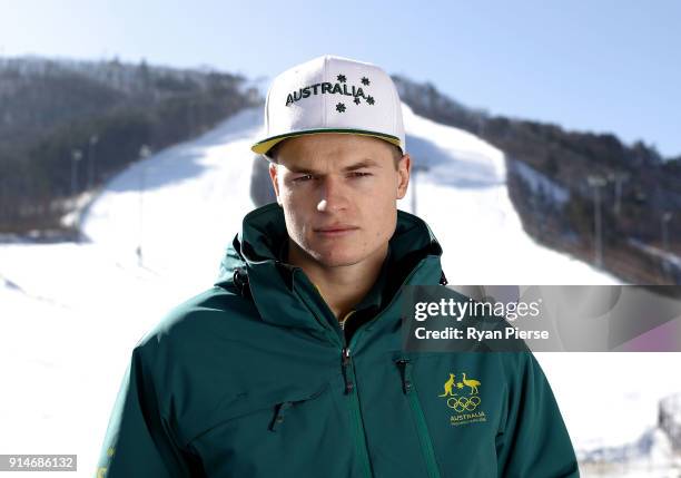 Australian Mogul Skier Brodie Summers poses during previews ahead of the PyeongChang 2018 Winter Olympic Games at Alpensia on February 6, 2018 in...