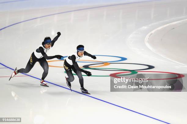 Seitaro Ichinohe and Ryosuke Tsuchiya of Japan train during previews ahead of the PyeongChang 2018 Winter Olympic Games at Gangeung Ice Arena on...