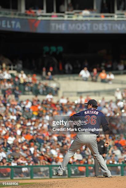 Joe Nathan of the Minnesota Twins pitches against the Detroit Tigers during the game at Comerica Park on October 1, 2009 in Detroit, Michigan. The...