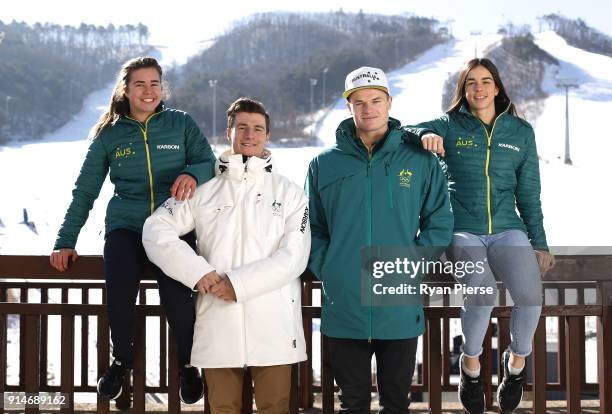 Australian Mogul Skiers Britt Cox, Matt Graham, Brodie Summers and Jakara Anthony pose during previews ahead of the PyeongChang 2018 Winter Olympic...