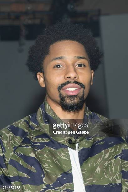 Professional basketball player Spencer DinWiddie attends the Todd Snyder fashion show during New York Fashion Week at Pier 59 on February 5, 2018 in...