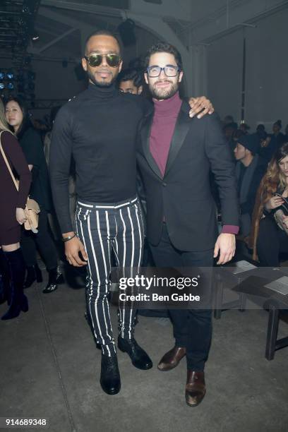 Actors Eric West and Darren Criss attend the Todd Snyder fashion show during New York Fashion Week at Pier 59 on February 5, 2018 in New York City.