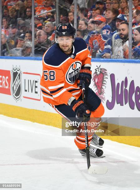 Anton Slepyshev of the Edmonton Oilers skates during the game against the Tampa Bay Lightning on February 5, 2018 at Rogers Place in Edmonton,...