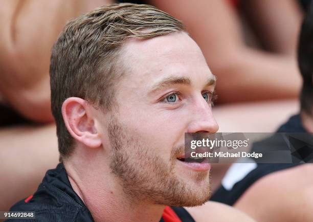 Debutant Devon Smith looks on during an Essendon Bombers media session at The Hangar on February 6, 2018 in Melbourne, Australia.