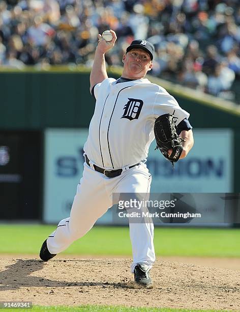 Jeremy Bonderman of the Detroit Tigers pitches against the Minnesota Twins during the game at Comerica Park on October 1, 2009 in Detroit, Michigan....