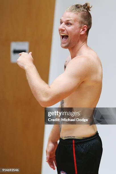 Jake Stringer reacts during an Essendon Bombers media session at The Hangar on February 6, 2018 in Melbourne, Australia.