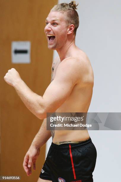 Jake Stringer reacts during an Essendon Bombers media session at The Hangar on February 6, 2018 in Melbourne, Australia.