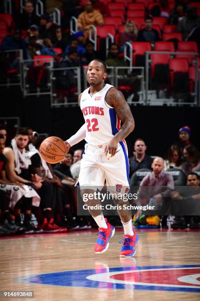 Kay Felder of the Detroit Pistons handles the ball against the Portland Trail Blazers on February 5, 2018 at Little Caesars Arena, Michigan. NOTE TO...