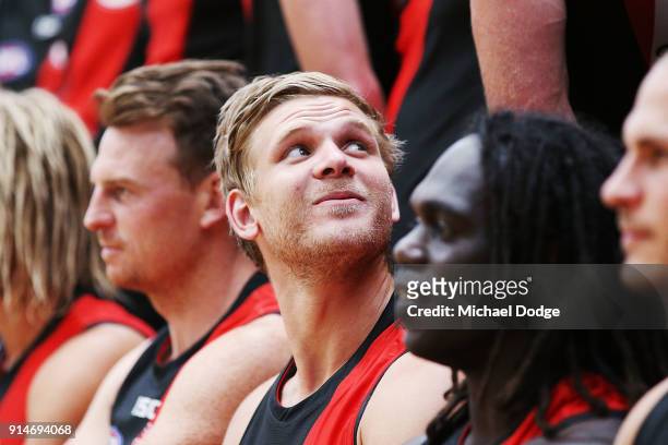 Michael Hurley looks on during an Essendon Bombers media session at The Hangar on February 6, 2018 in Melbourne, Australia.
