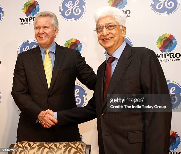 Jeffrey R. Immelt, chairman and CEO of GE and Azim Premji, chairman of Wipro at the 'GE healthcare and Wipro' press meet in New Delhi on Friday,...