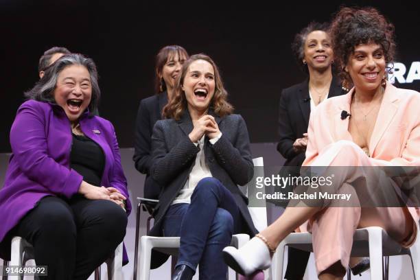 Jill Soloway, Rashida Jones, Nina Shaw, Tina Tchen, Natalie Portman and Melina Matsoukas speak onstage during The 2018 MAKERS Conference at NeueHouse...