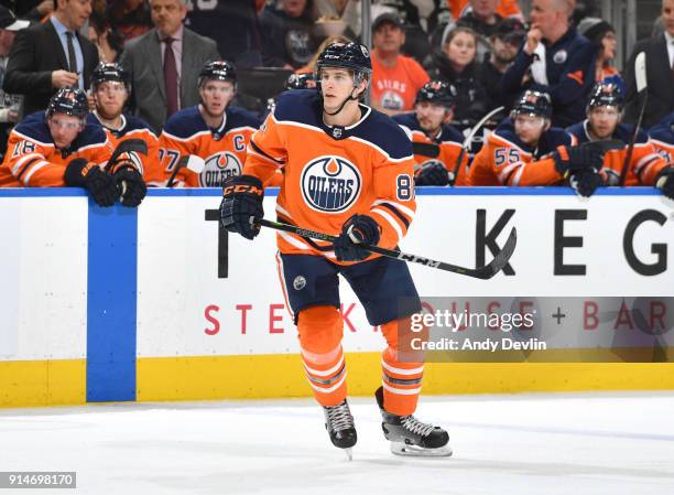 Brandon Davidson of the Edmonton Oilers skates during the game against the Tampa Bay Lightning on February 5, 2018 at Rogers Place in Edmonton,...