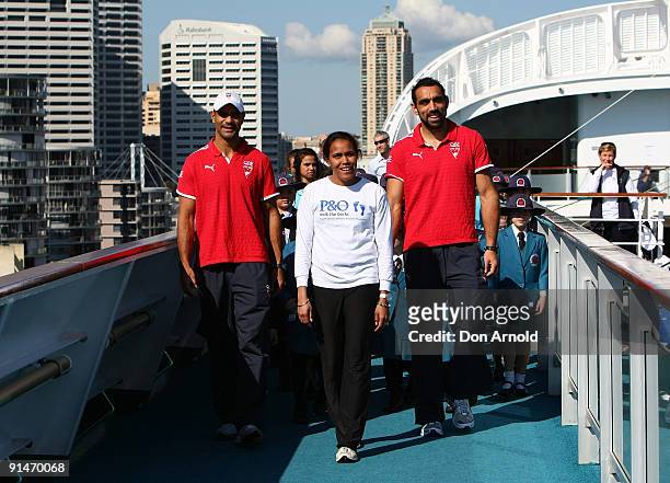 Former athlete Cathy Freeman alongside Michael O'Loughlin and Adam Goodes of the Sydney Swans launches P&O Cruises "Walk The Decks" fundraising...
