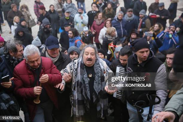 Marcello Colasurdo singer, and people sing and dance during the Candelora festival at Montevergine Sanctuary in Ospidaletto d'Alpinolo a little...