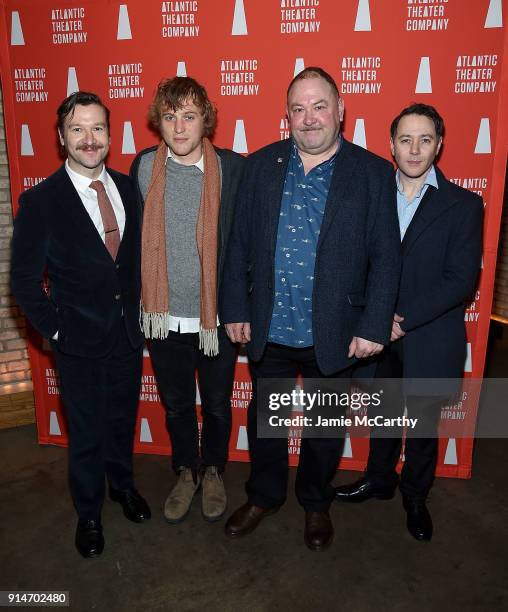 Billy Carter, Johnny Flynn, Mark Addy and Reece Shearsmith attends "Hangmen" Opening Night After Party at Dream Downtown on February 5, 2018 in New...