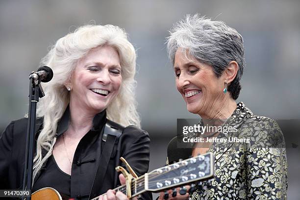 Singer/Songwriters Judy Collins and Joan Baez perform during day 2 of George Wein's Folk Festival 50 at Fort Adams State Park on August 2, 2009 in...