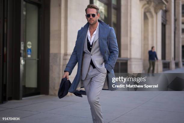 Shaun Birley is seen on the street attending Suitsupply during New York Fashion Week Men's wearing Hermen Menswear on February 5, 2018 in New York...