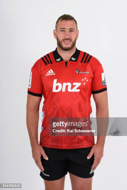 Luke Romano poses during the Crusaders Super Rugby headshots session on February 1, 2018 in Christchurch, New Zealand.