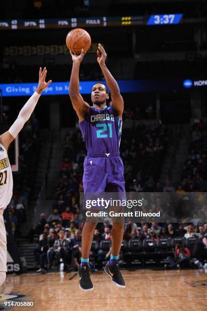 Treveon Graham of the Charlotte Hornets shoots the ball during the game against the Denver Nuggets on February 5, 2018 at the Pepsi Center in Denver,...