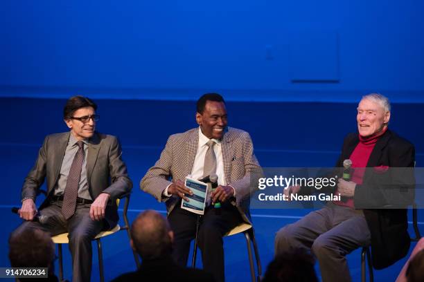 Edward Villella, Arthur Mitchell and Jacques dAmboise speak onstage during Jacques d'Amboise's "Art Nest: Balanchine's Guys" on February 5, 2018 in...