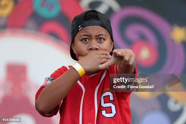 Little Saintz Dance Crew perform at Hoani Waititi Marae on February 6, 2018 in Auckland, New Zealand. The Waitangi Day national holiday celebrates...