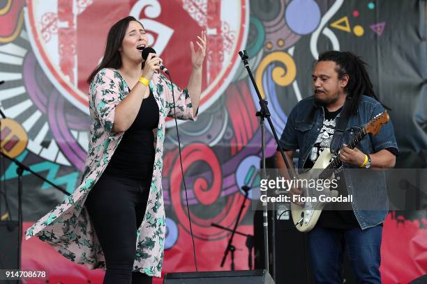 Abbie performs at Hoani Waititi Marae on February 6, 2018 in Auckland, New Zealand. The Waitangi Day national holiday celebrates the signing of the...