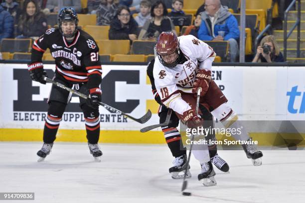 Boston College Eagles forward Casey Carreau gets control of the loose puck. During the Boston College Eagles game against the Northeastern Huskies at...