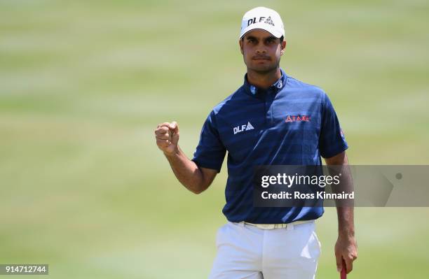 Shubhankar Sharma of India celebrates a birdie putt on the 18th hole during day four of the Maybank Championship Malaysia at Saujana Golf and Country...