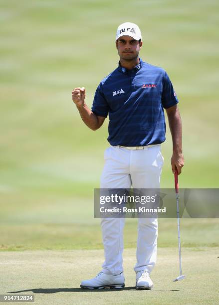 Shubhankar Sharma of India celebrates a birdie putt on the 18th hole during day four of the Maybank Championship Malaysia at Saujana Golf and Country...