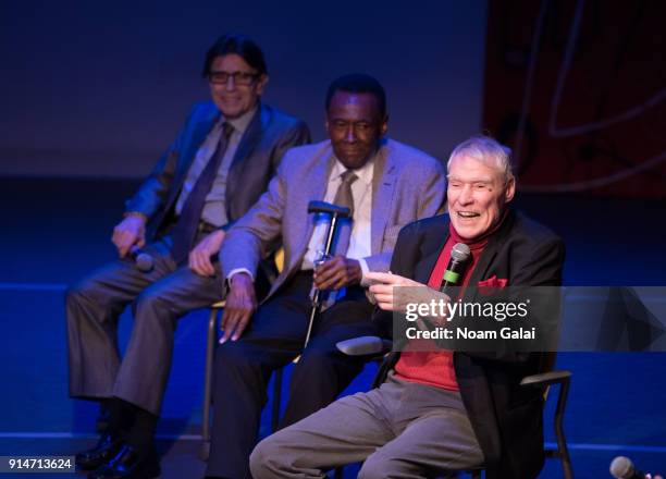 Edward Villella, Arthur Mitchell and Jacques dAmboise speak onstage during Jacques d'Amboise's "Art Nest: Balanchine's Guys" on February 5, 2018 in...