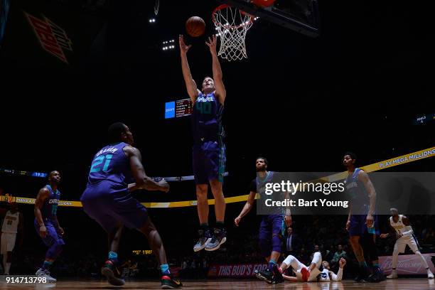 Cody Zeller of the Charlotte Hornets rebounds the ball during the game against the Denver Nuggets on February 5, 2018 at the Pepsi Center in Denver,...