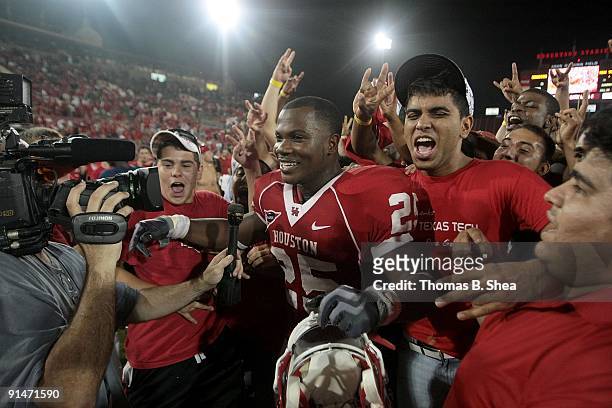 Bryce Beall of the Houston Cougars celebrates the UH win over Texas Tech Red Raiders at Robertson Stadium on September 26, 2009 in Houston, Texas.