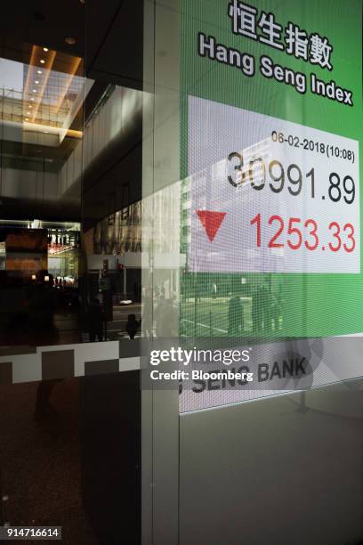An electronic screen displays the Hang Seng Index figure in Hong Kong, China, on Tuesday, Feb. 6, 2018. The Hang Seng Index's four-day slide...
