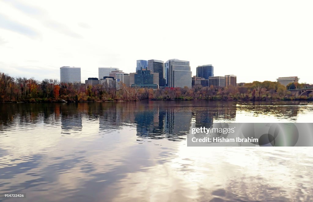 The Skyline of Rosslyn in Arlington County, Key Bridge and the Potomac River, Virginia, USA