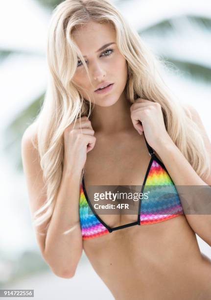 intense bikini portrait, beautiful blond woman - asian pin up girls stock pictures, royalty-free photos & images
