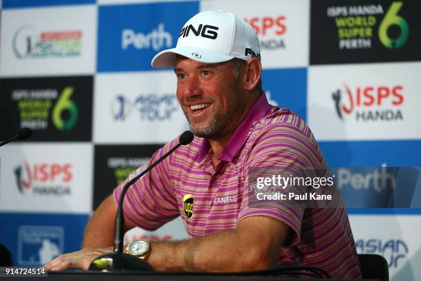 Lee Westwood of England speaks to the media ahead of the 2018 ISPS HANDA World Super 6 at Lake Karrinyup Country Club on February 6, 2018 in Perth,...