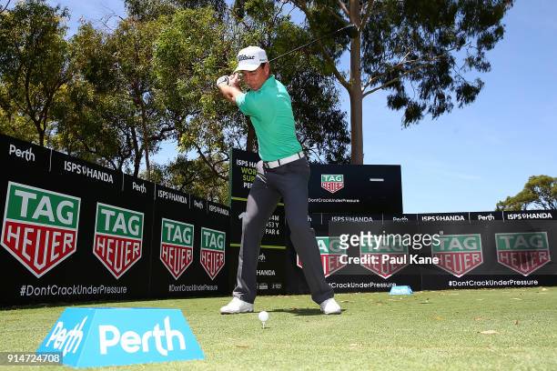 Brett Rumford of Australia tees off on the 13th hole after speaking to the media ahead of the 2018 ISPS HANDA World Super 6 at Lake Karrinyup Country...