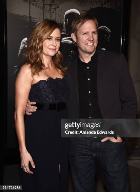 Actress Jenna Fischer and director Lee Kirk arrive at the premiere of Warner Bros. Pictures' "The 15:17 To Paris" at Warner Bros. Studios on February...