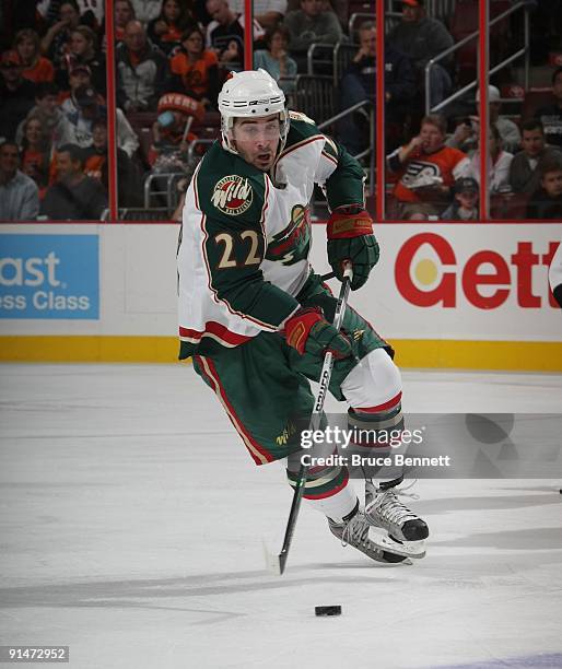 Cal Clutterbuck of the Minnesota Wild skates against the Philadelphia Flyers in preseason action at the Wachovia Center on September 29, 2009 in...