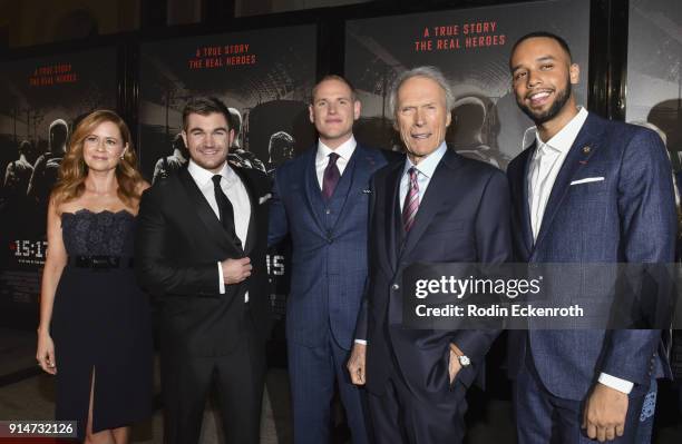 Jenna Fischer, Alek Skarlatos, Spencer Stone, director/producer Clint Eastwood, and Anthony Sadler arrive at the premiere of Warner Bros. Pictures'...