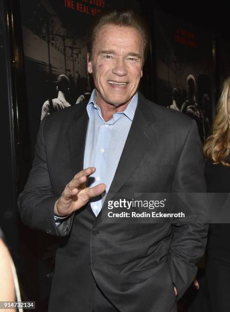 Former Governor of California Arnold Schwarzenegger arrives at the premiere of Warner Bros. Pictures' "The 15:17 to Paris" at Warner Bros. Studios on...