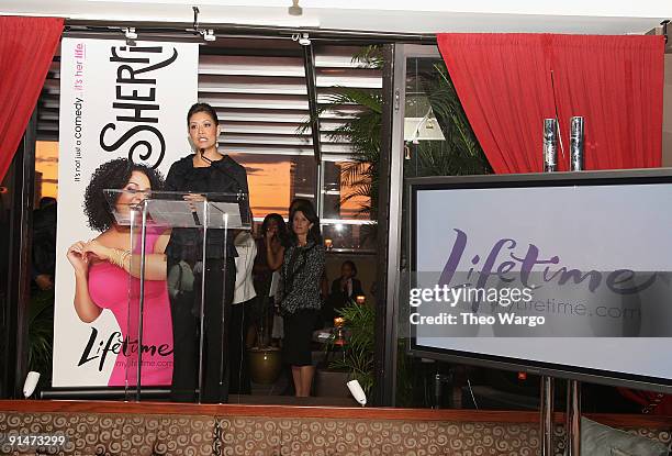 Lifetime CEO and President Andrea Wong addresses the crowd at the Launch Party for new sitcom "Sherri" at the Empire Hotel on October 5, 2009 in New...