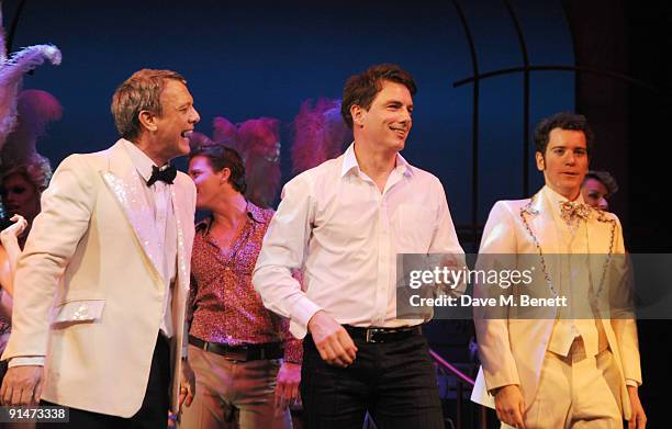 Simon Burke, John Barrowman and Gabriel Vick attend the press night for La Cage Aux Folles on October 5, 2009 in London, England.