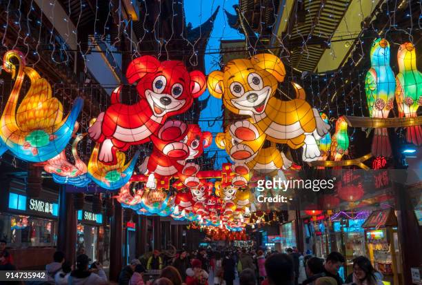 This photo taken on February 5, 2018 shows dog lanterns displayed at the Yu Garden in Shanghai, ahead of the coming Lunar New year, marking the Year...